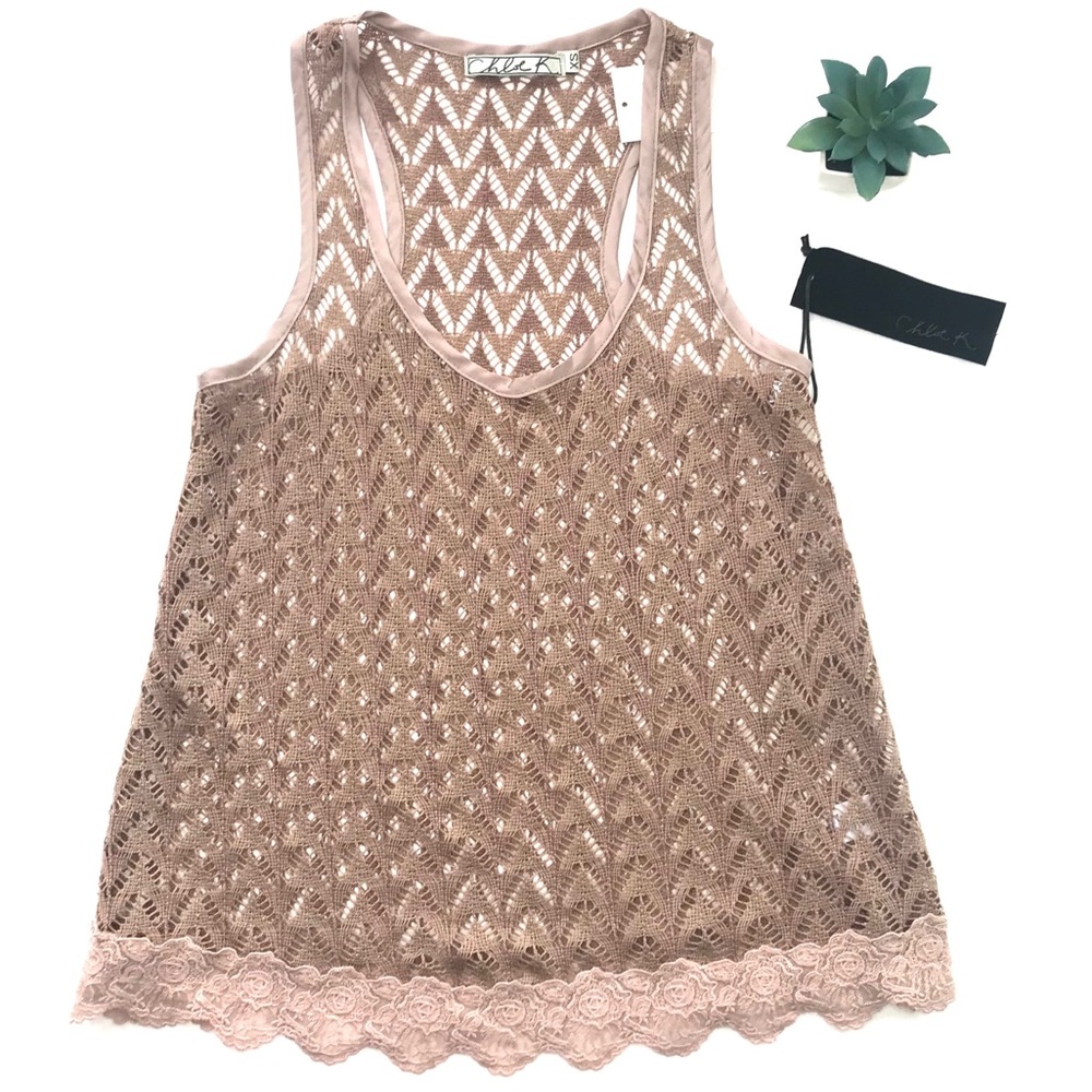CHLOE K Tan Knit/Crochet Tank Top Size XS